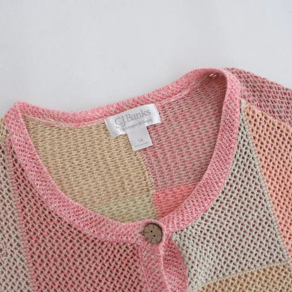 Vintage Christopher & Banks Pink Tan Fishnet Knit Button Up Cardigan Sweater 1X - Picture 10 of 10